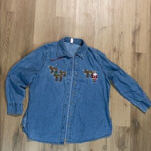 Embroidered holiday Christmas Shirt with Reindeer and Santa size XL